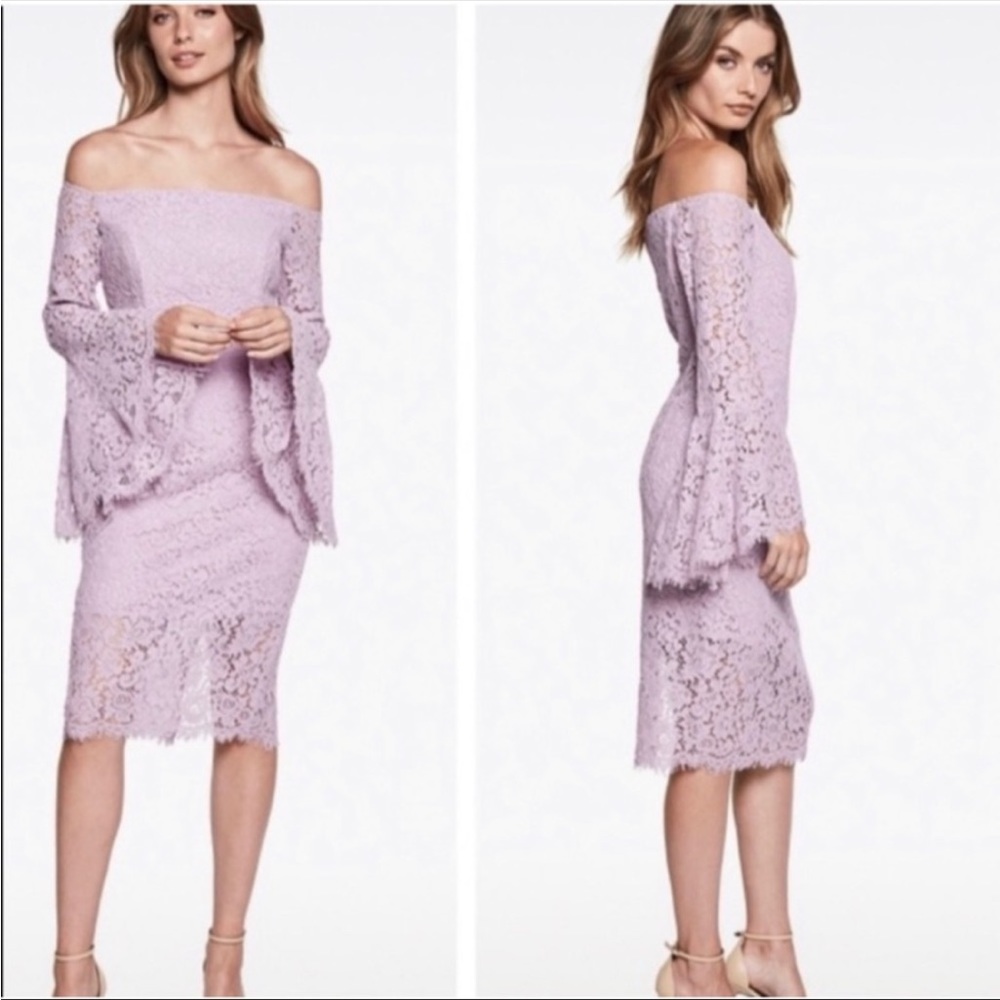 NWT- Wedding Guest Dress- Bardot Lace Off The Shoulder Bell Sleeve Dress Lilac